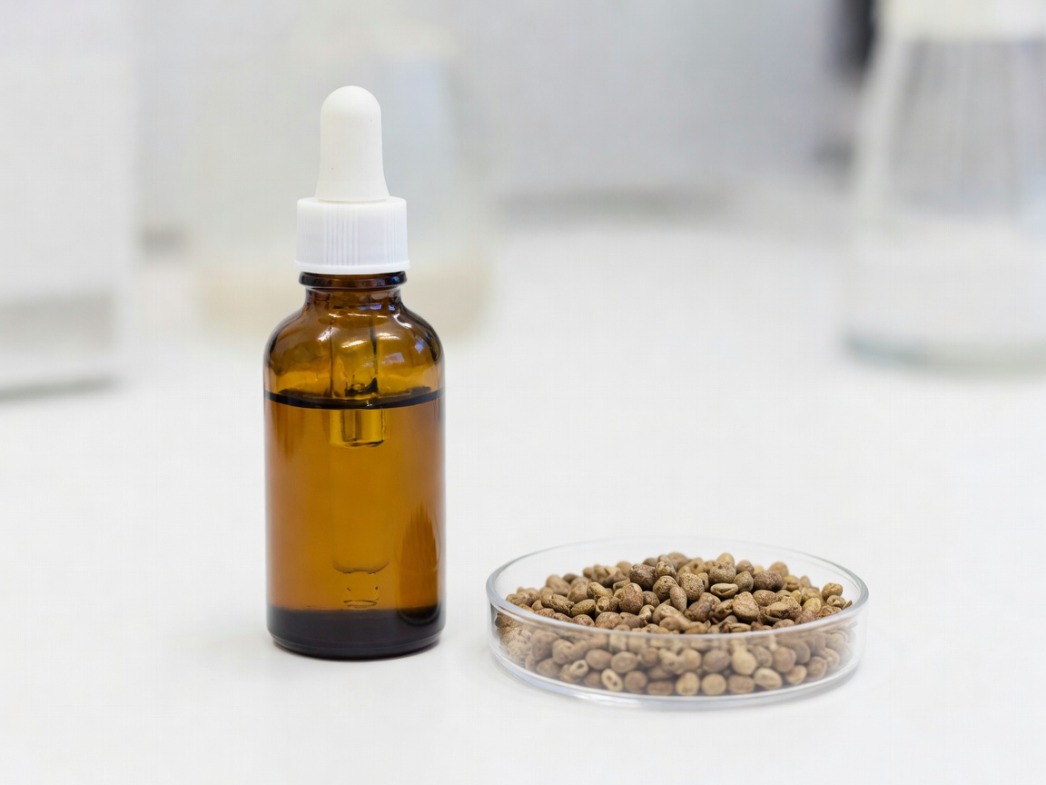 Bakuchiol seeds and natural serum in amber glass dropper bottle