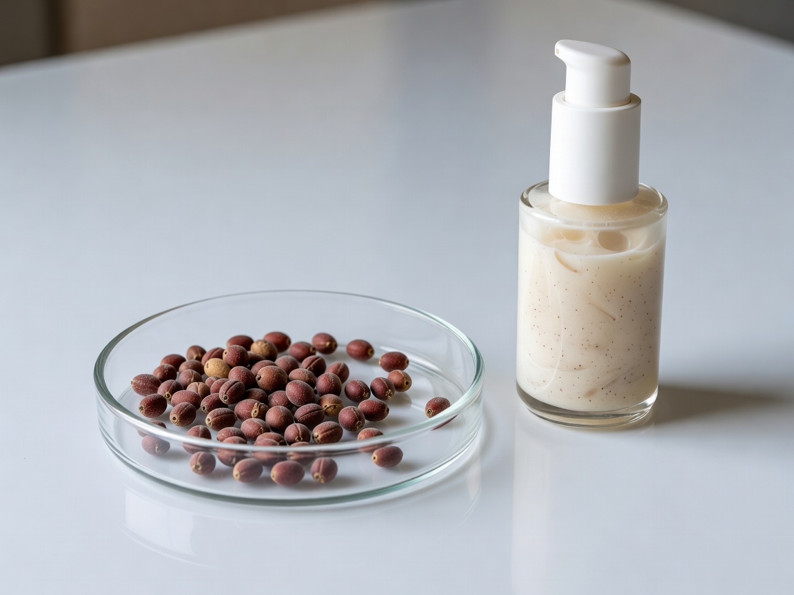 Bakuchiol seeds in glass laboratory dish next to organic botanical formulation bottle