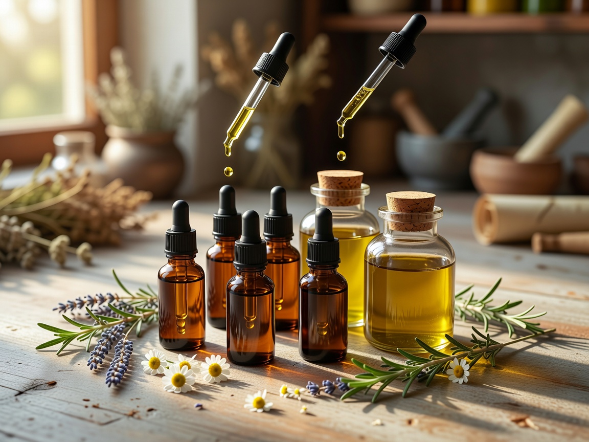 Custom skincare formulation bottles with herbal drops