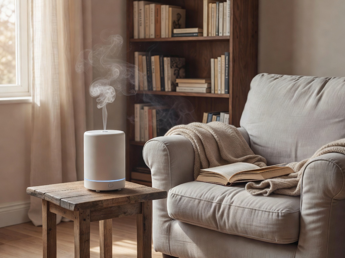 Essential oils diffusing near calm reading space