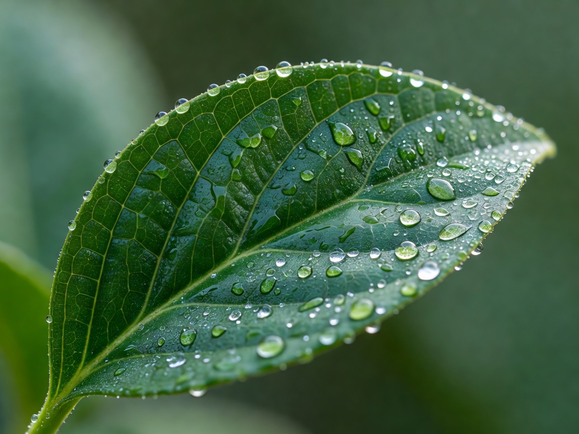 Fresh green botanical leaf close-up with morning dew