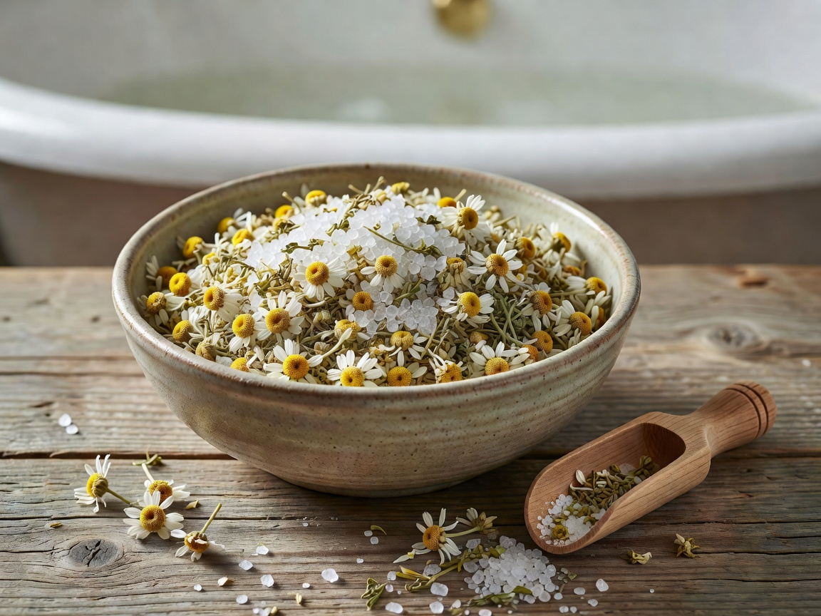 Warm bath with chamomile flowers and relaxing herbal candle flame