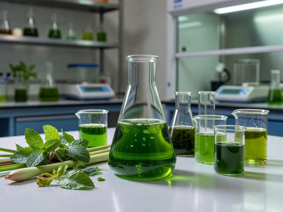 Laboratory flask with green plant extracts