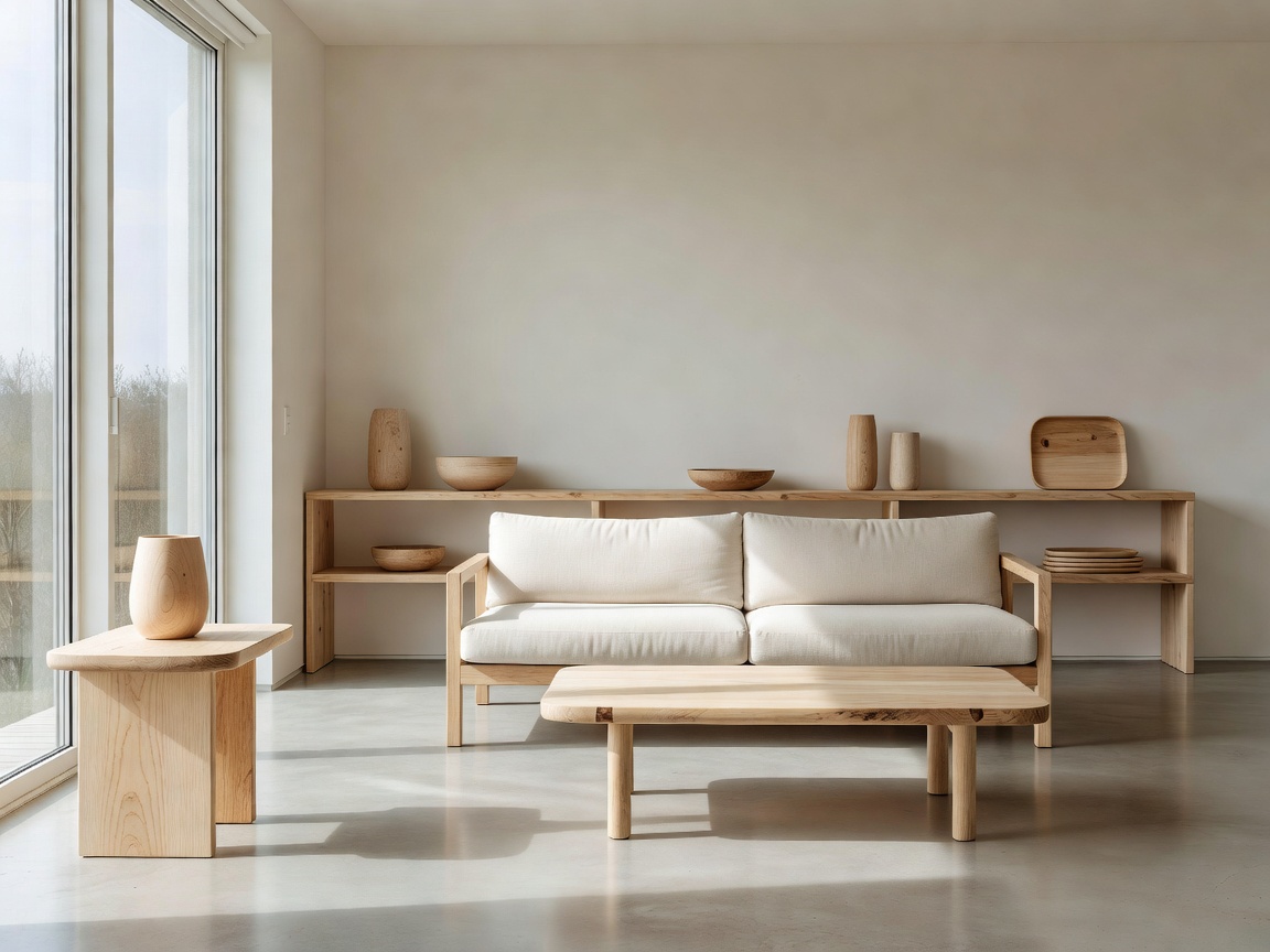 Minimalist home interior filled with natural sunlight and non-toxic wooden decor
