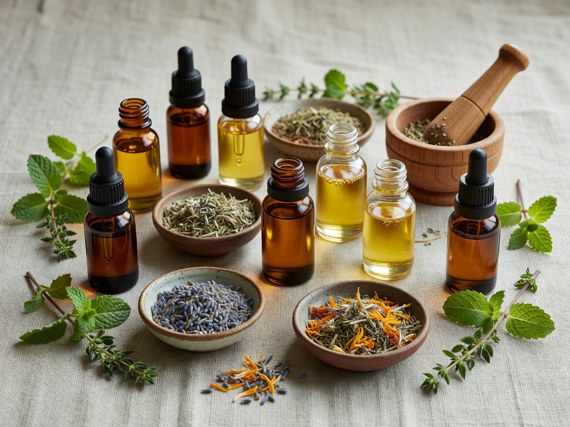 Natural botanical oils and herbal spa remedies on linen background